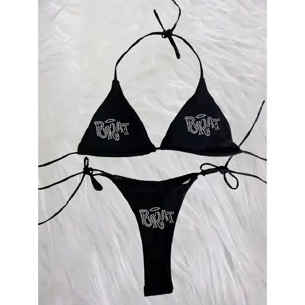 2000s Punk Y2K Gothic Rhinestone LaceUp Bikini Swimsuit 1