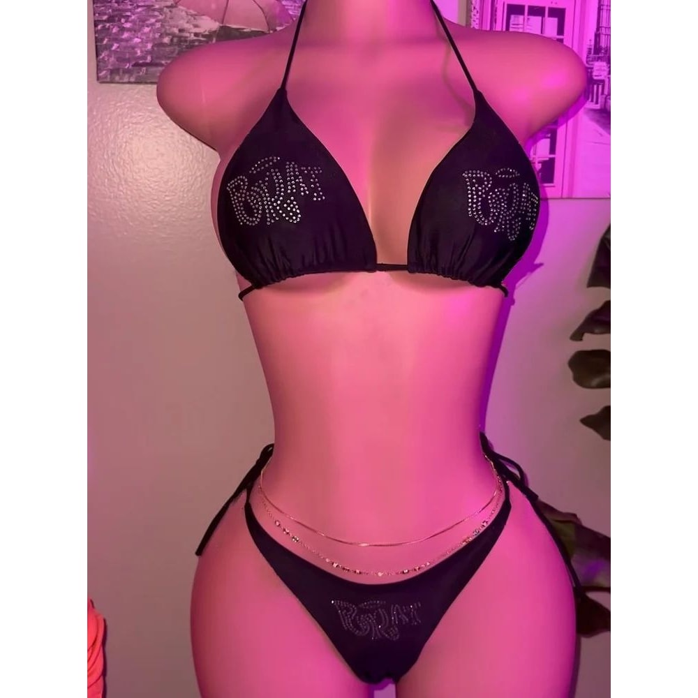 2000s Punk Y2K Gothic Rhinestone LaceUp Bikini Swimsuit 2