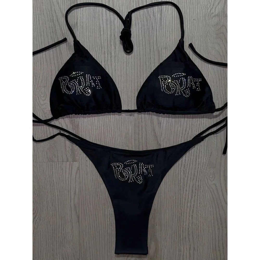 2000s Punk Y2K Gothic Rhinestone LaceUp Bikini Swimsuit 3