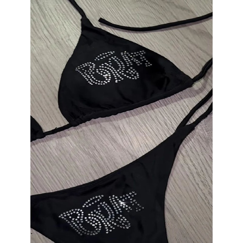 2000s Punk Y2K Gothic Rhinestone LaceUp Bikini Swimsuit 4