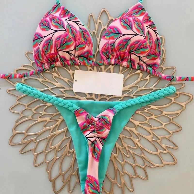 Womens Split Print GString Bikini Set Sexy Beach Swimwear 11