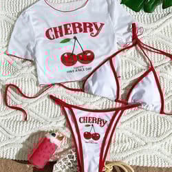 cherry print three piece bikini set