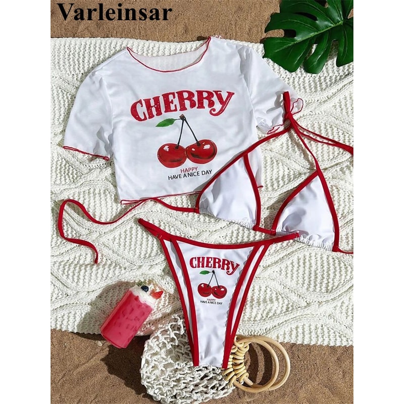 Cherry Print Three Piece Bikini Set 0