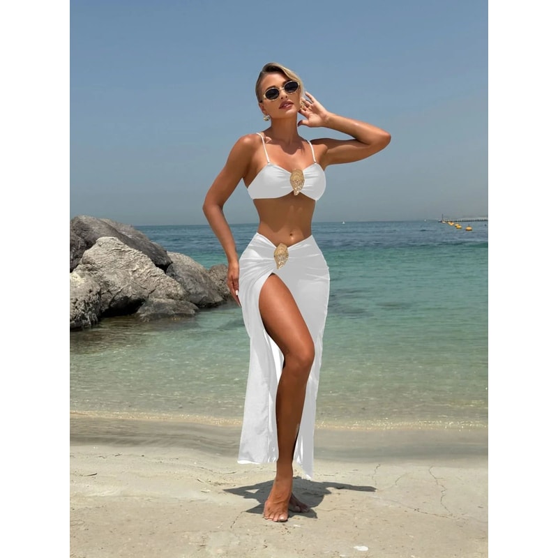 Vintage White Three Piece Push Up Bikini Set 0