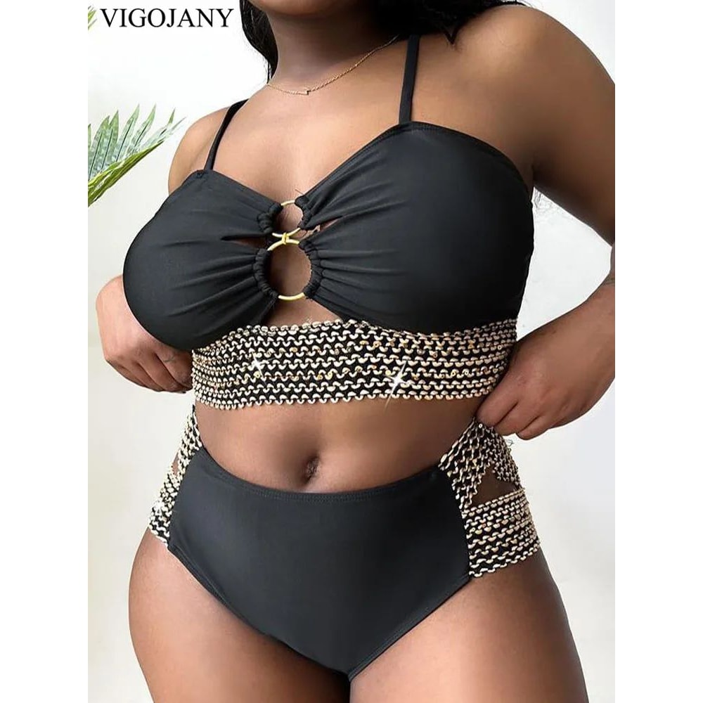 VigoJany Patchwork Hollow Plus Size Bikini Set 0