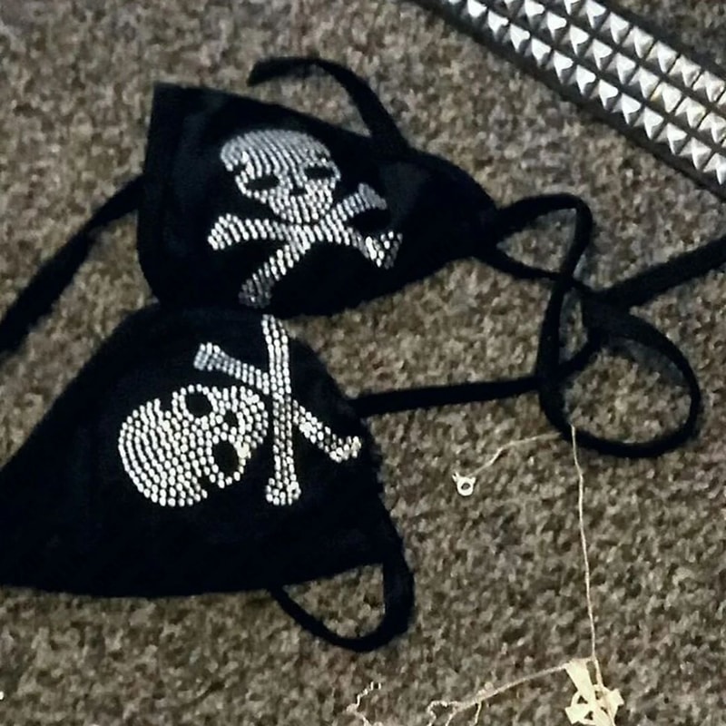 Goth Skull Rhinestone High Waist Bikini Set 0