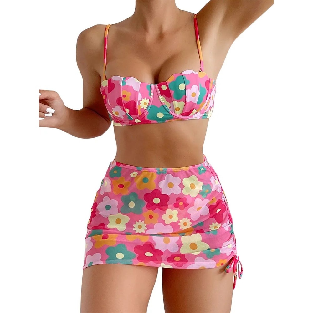 Floral Three Piece Push Up Swimsuit Set 0