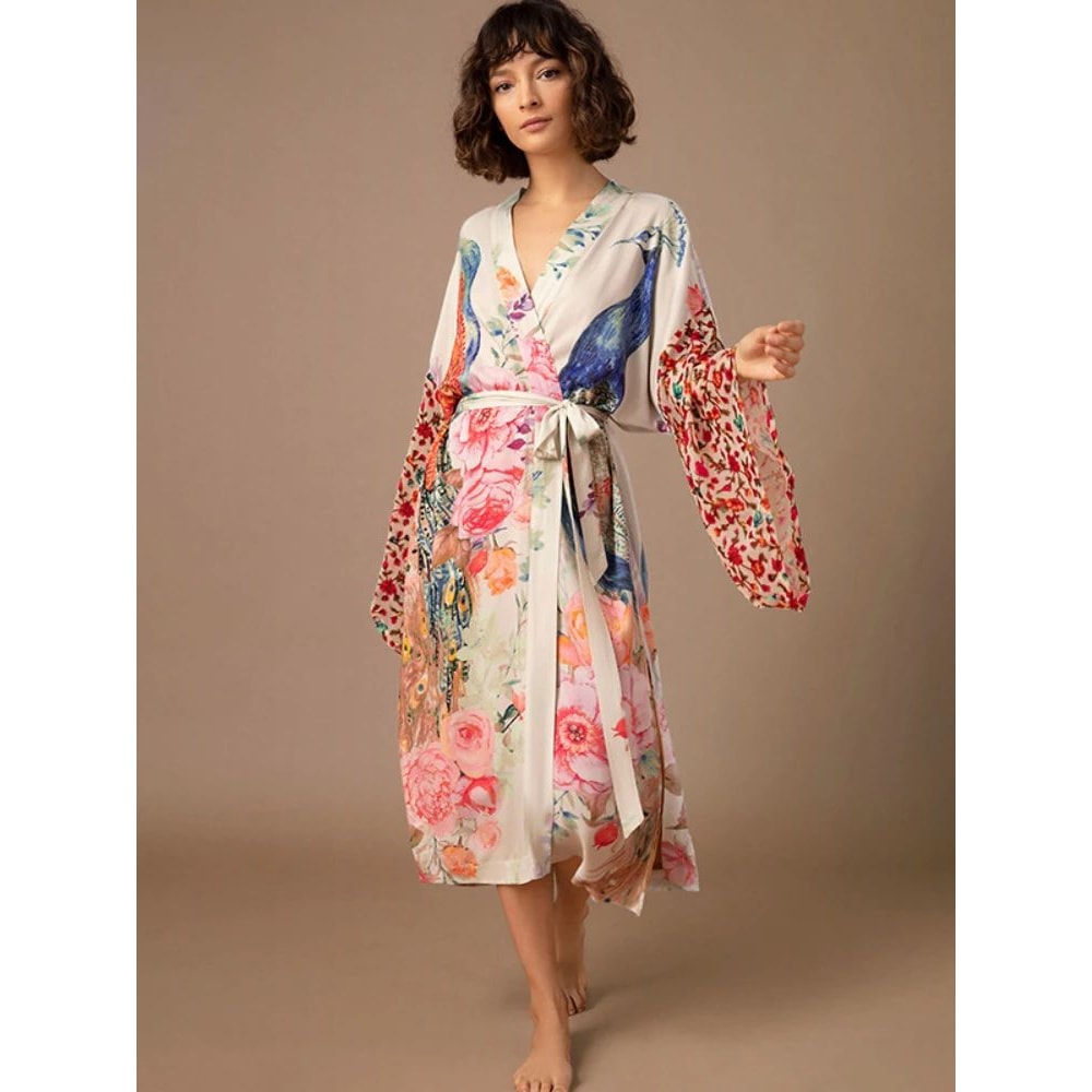 Peacock Print Belted Beach Kimono Cover Up 0