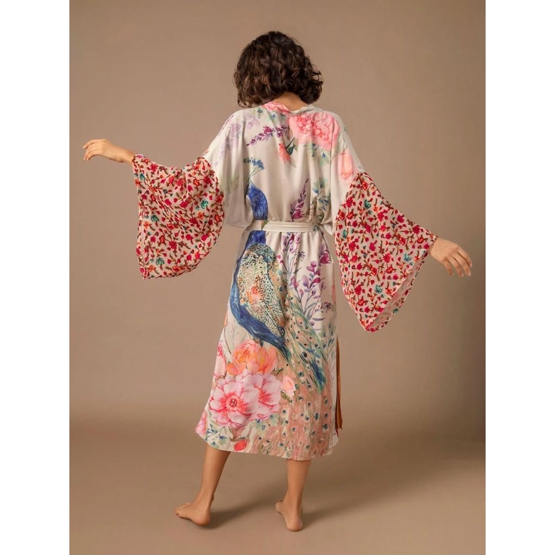 Peacock Print Belted Beach Kimono Cover Up 4