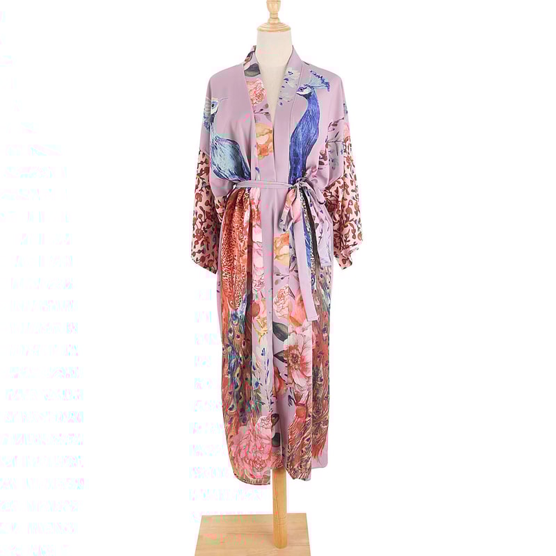 Peacock Print Belted Beach Kimono Cover Up 6