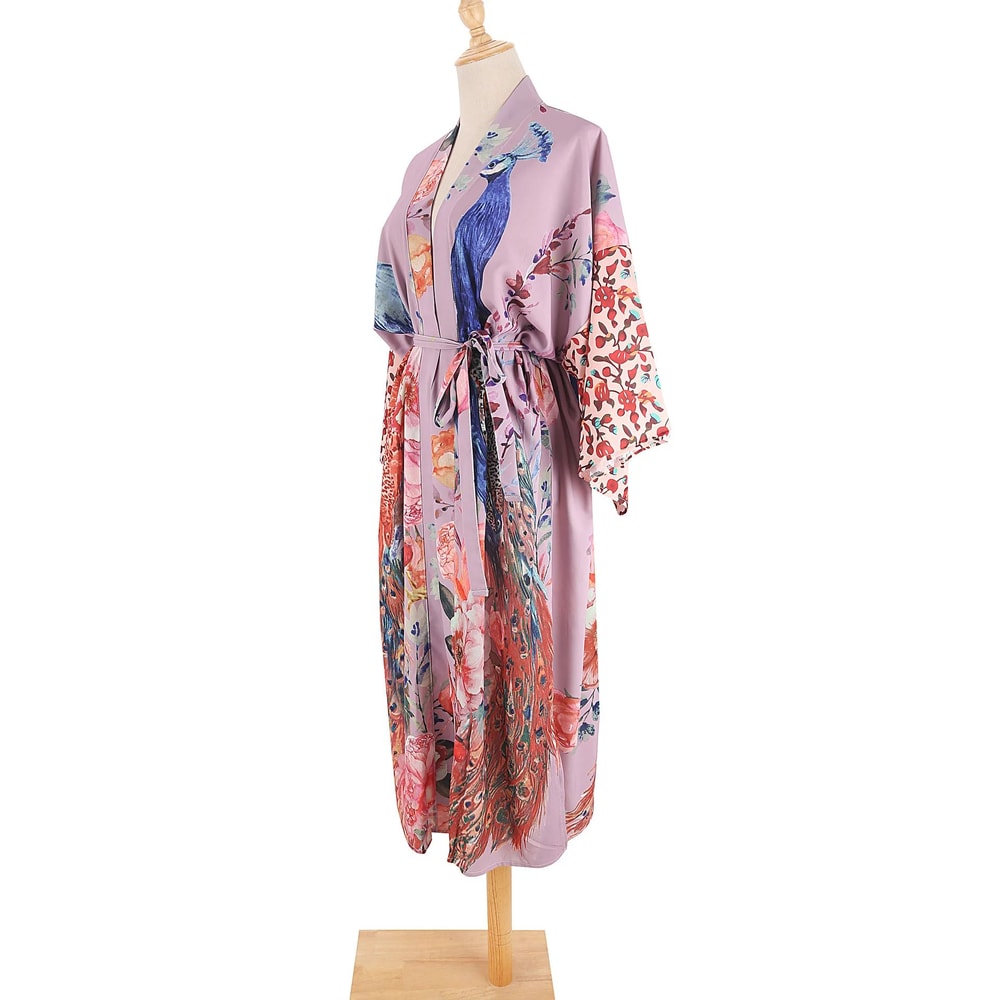 Peacock Print Belted Beach Kimono Cover Up 7