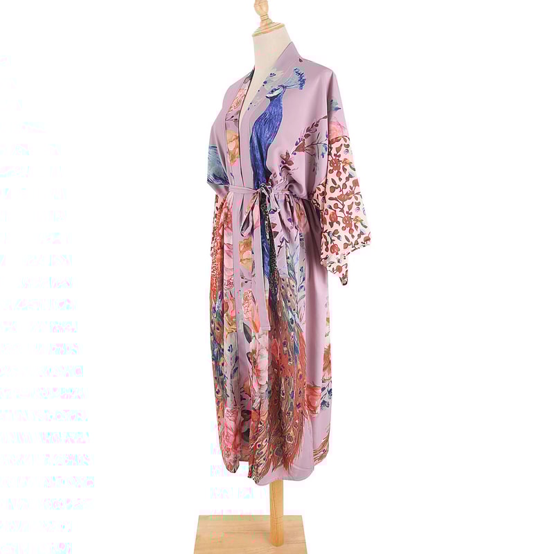 Peacock Print Belted Beach Kimono Cover Up 7