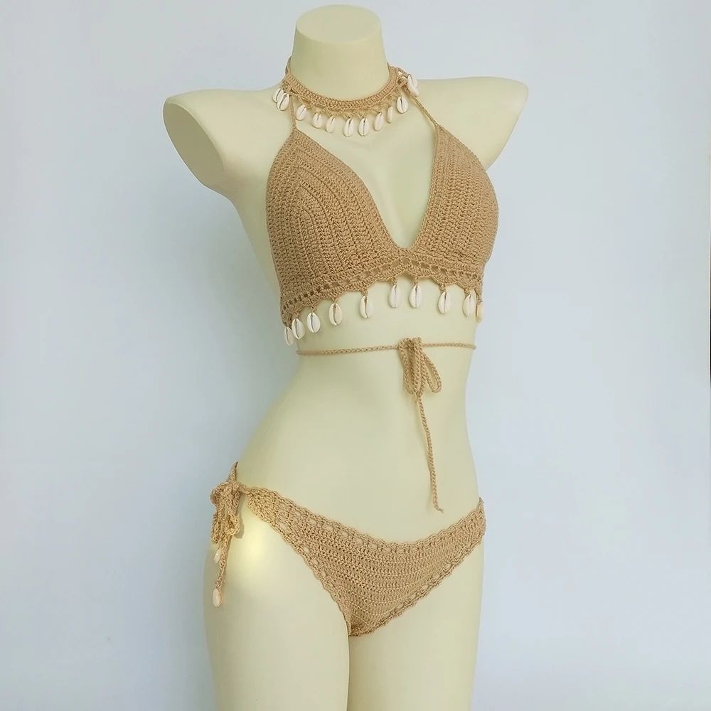 Crochet Shell Tassel Three Piece Bikini Set 0