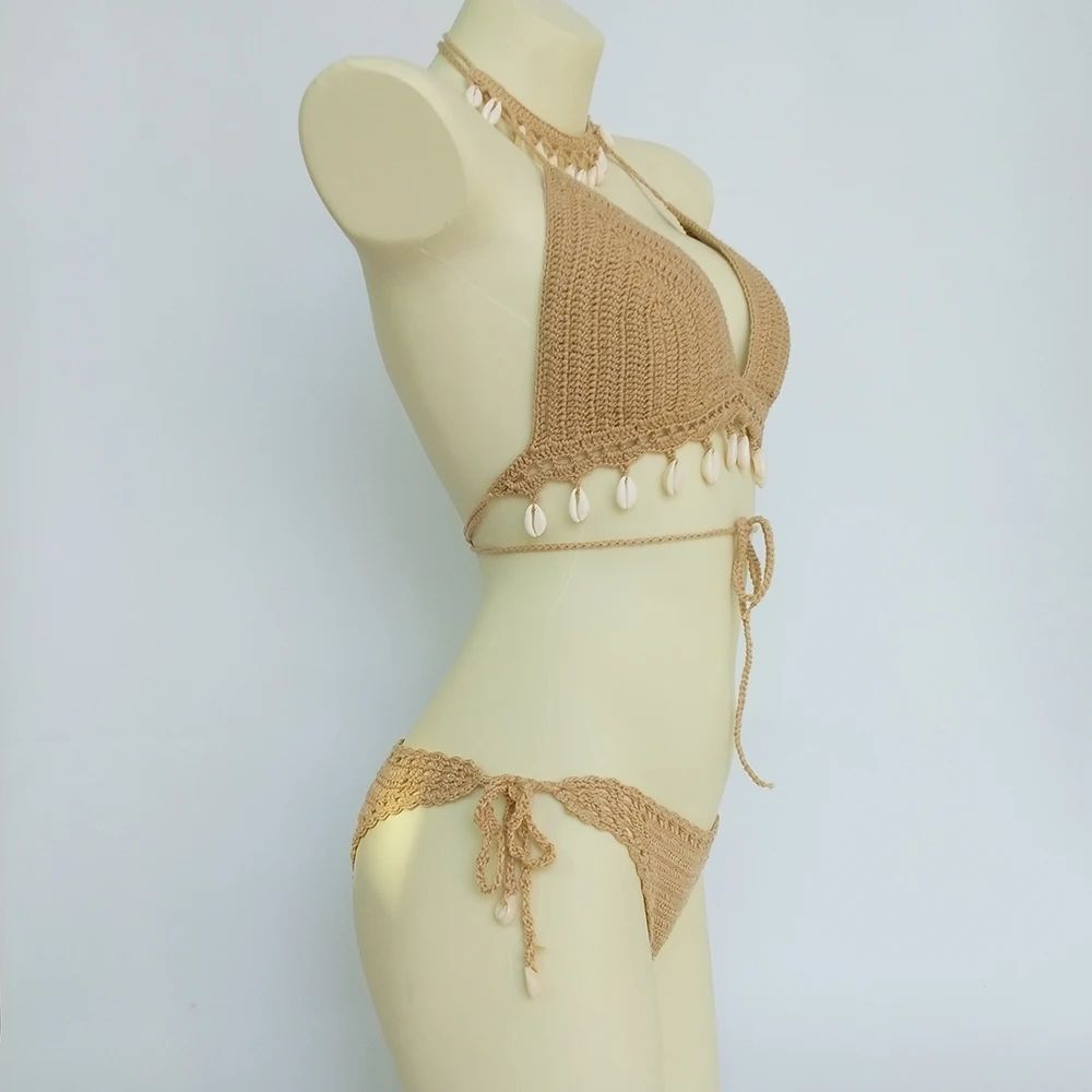 Crochet Shell Tassel Three Piece Bikini Set 2