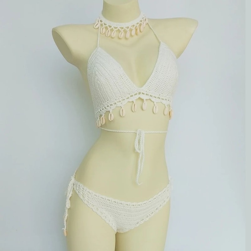 Crochet Shell Tassel Three Piece Bikini Set 4