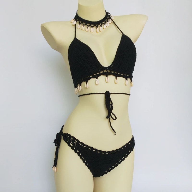 Crochet Shell Tassel Three Piece Bikini Set 8