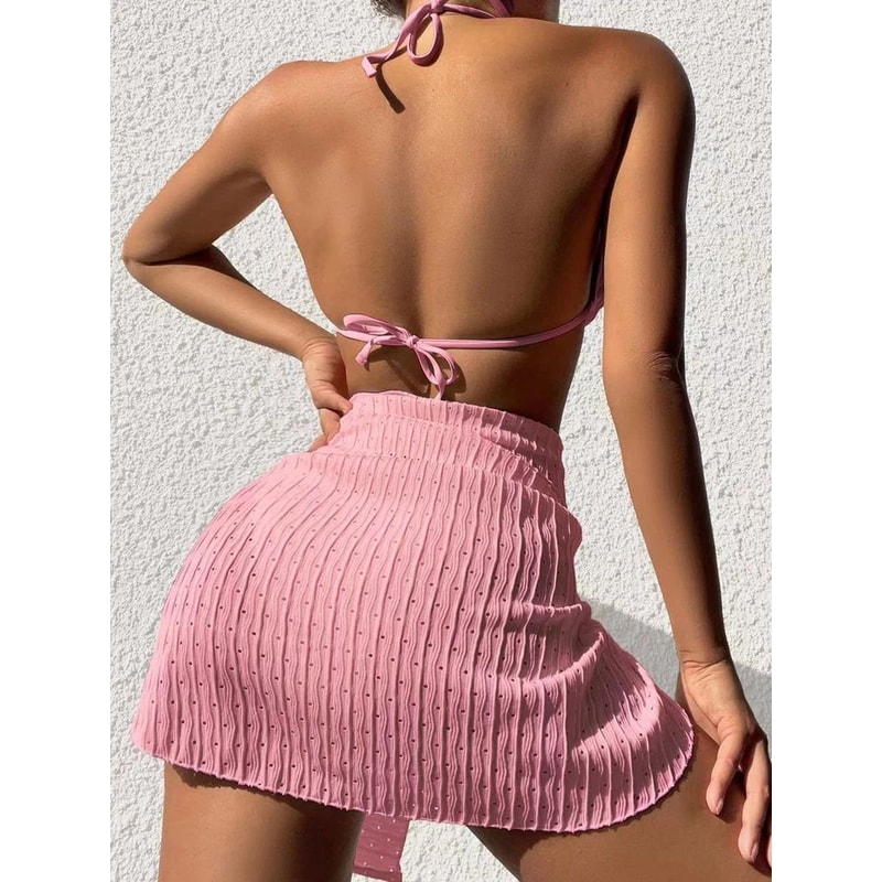 Halter Thong Bikini Set With Sarong Skirt 7
