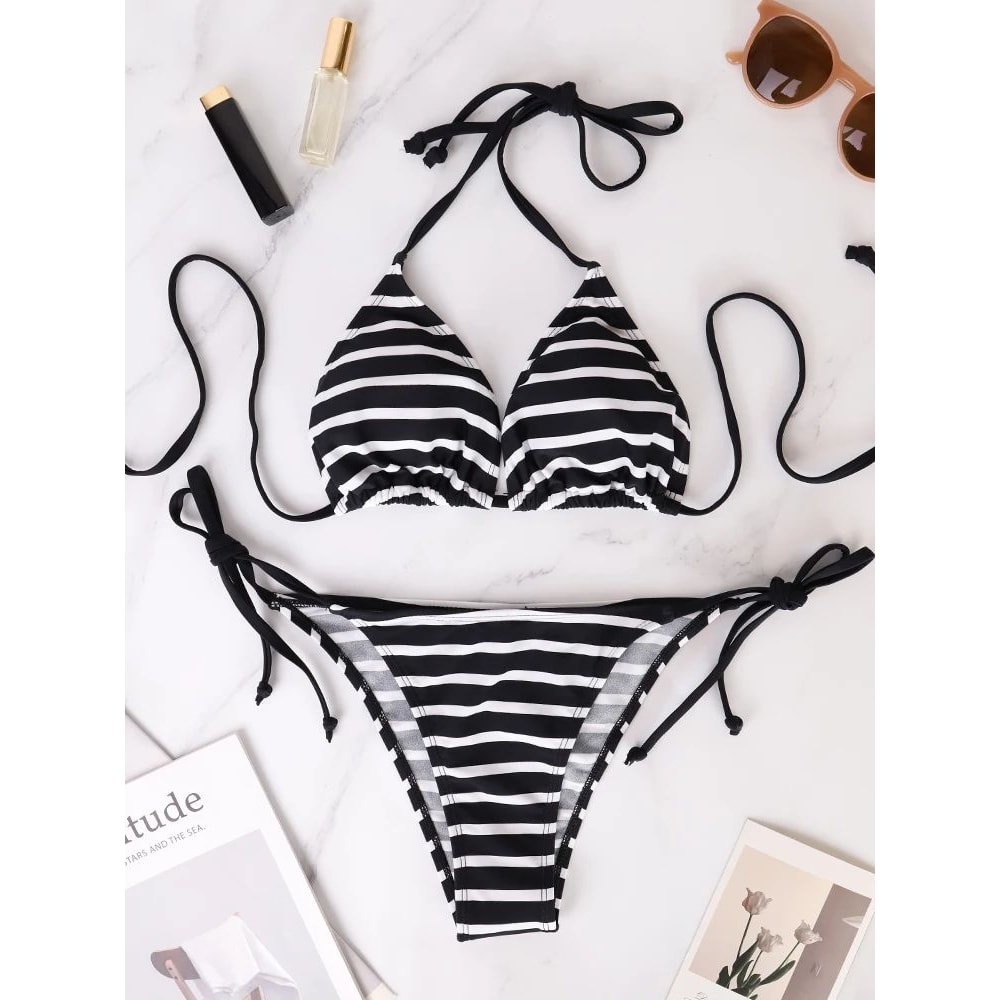 Black And White Striped Triangle Bikini Set 0