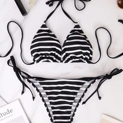 black and white striped triangle bikini set
