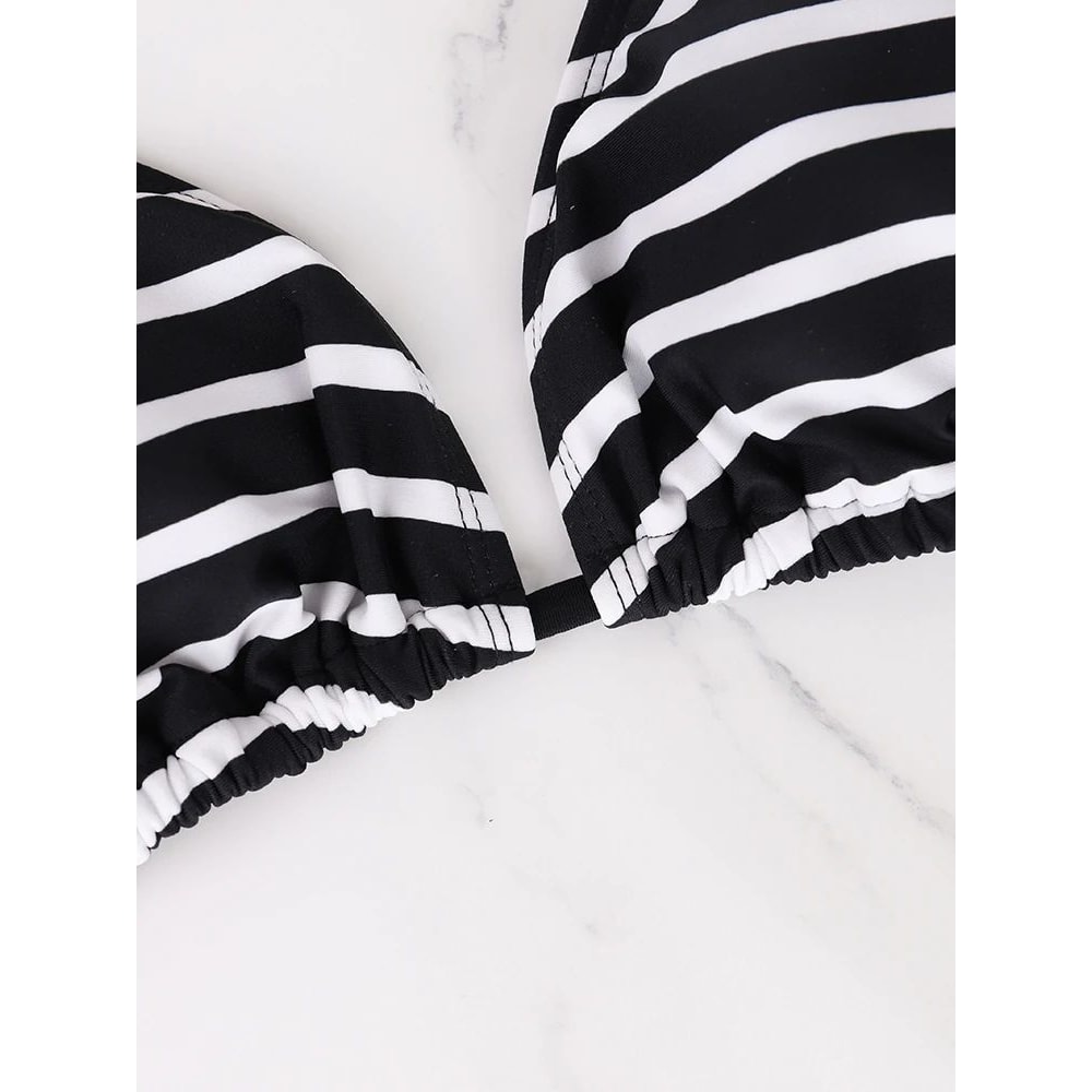Black And White Striped Triangle Bikini Set 3