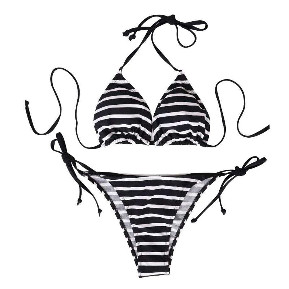 Black And White Striped Triangle Bikini Set 6
