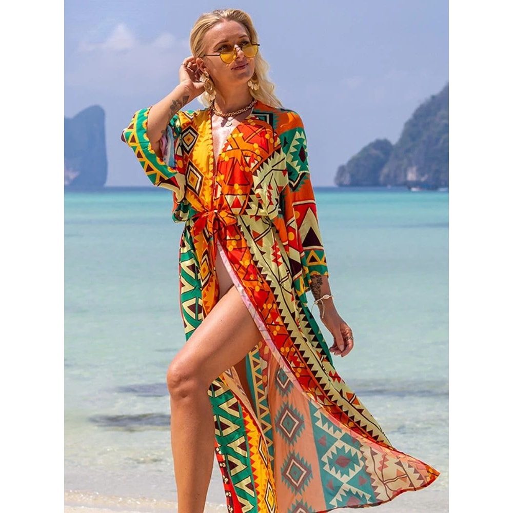 Boho Printed Long Kimono Beach Cover Up 0