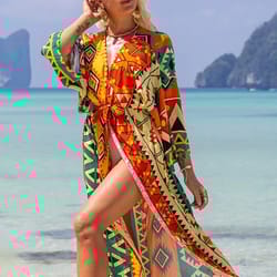 boho printed long kimono beach cover up