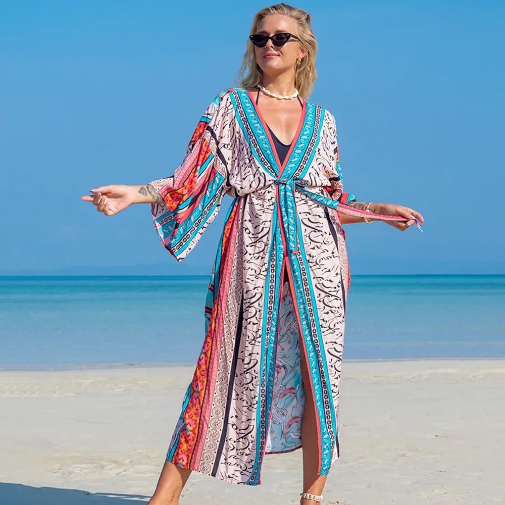 Boho Printed Long Kimono Beach Cover Up 2