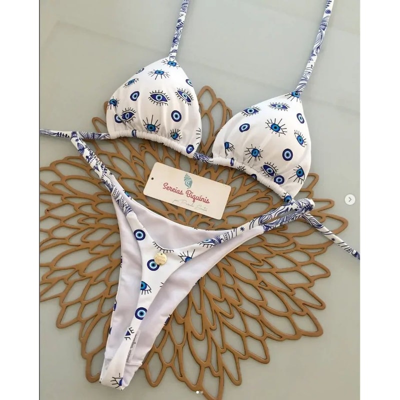 Printed Halter Lace Up Thong Bikini Set 3