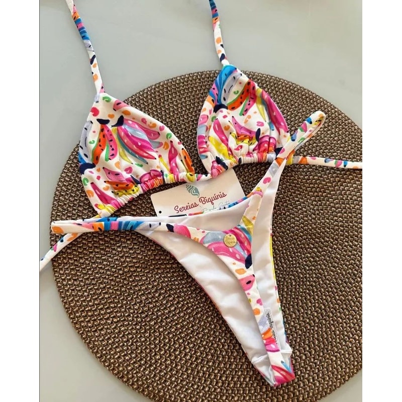 Printed Halter Lace Up Thong Bikini Set 12