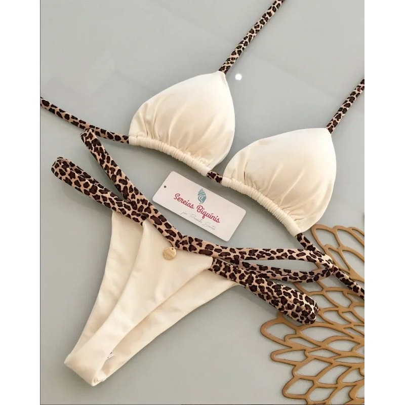 Printed Halter Lace Up Thong Bikini Set 15