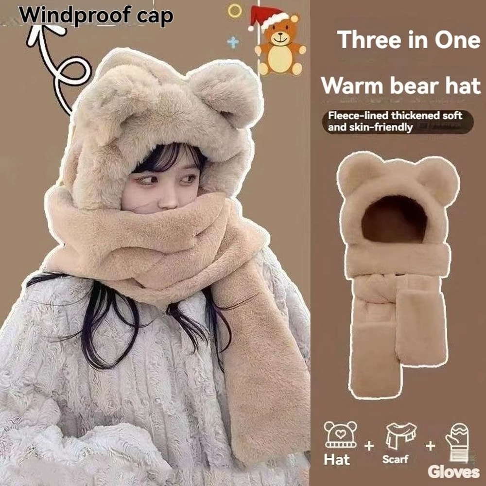 Plush Fleece 3in1 Bear Ear Hooded Cap Scarf And Gloves Set 0