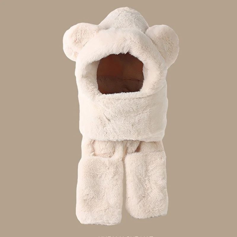 Plush Fleece 3in1 Bear Ear Hooded Cap Scarf And Gloves Set 7