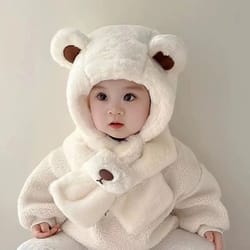 plush teddy bear winter baby hat with scarf combo
