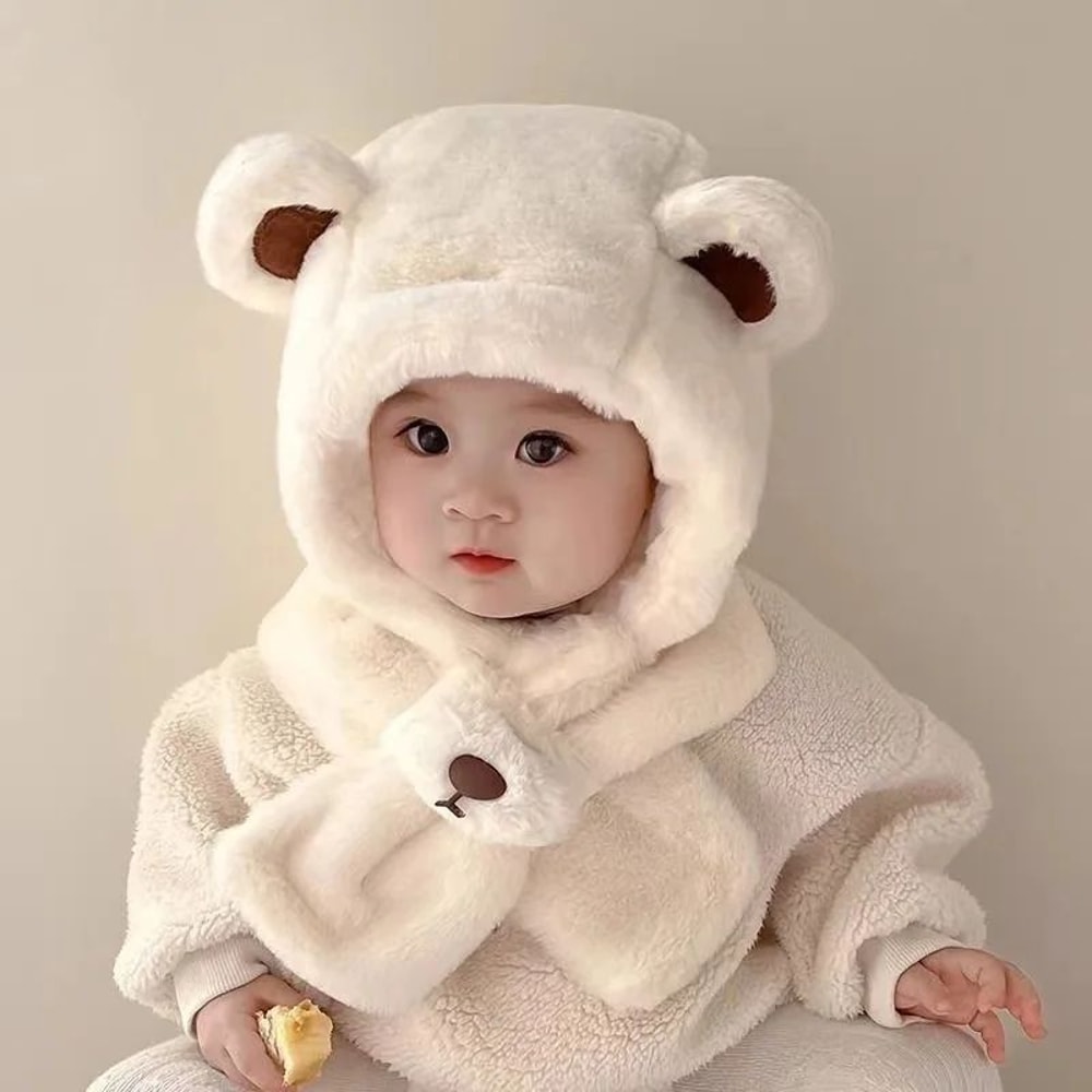 Plush Teddy Bear Winter Baby Hat With Scarf Combo 1