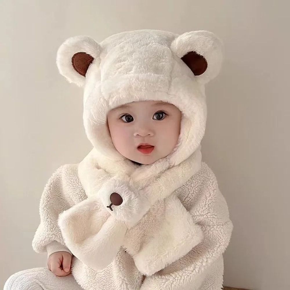 Plush Teddy Bear Winter Baby Hat With Scarf Combo 2