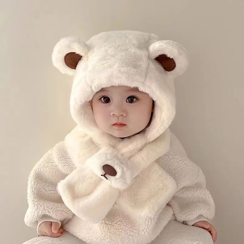 Plush Teddy Bear Winter Baby Hat With Scarf Combo 3