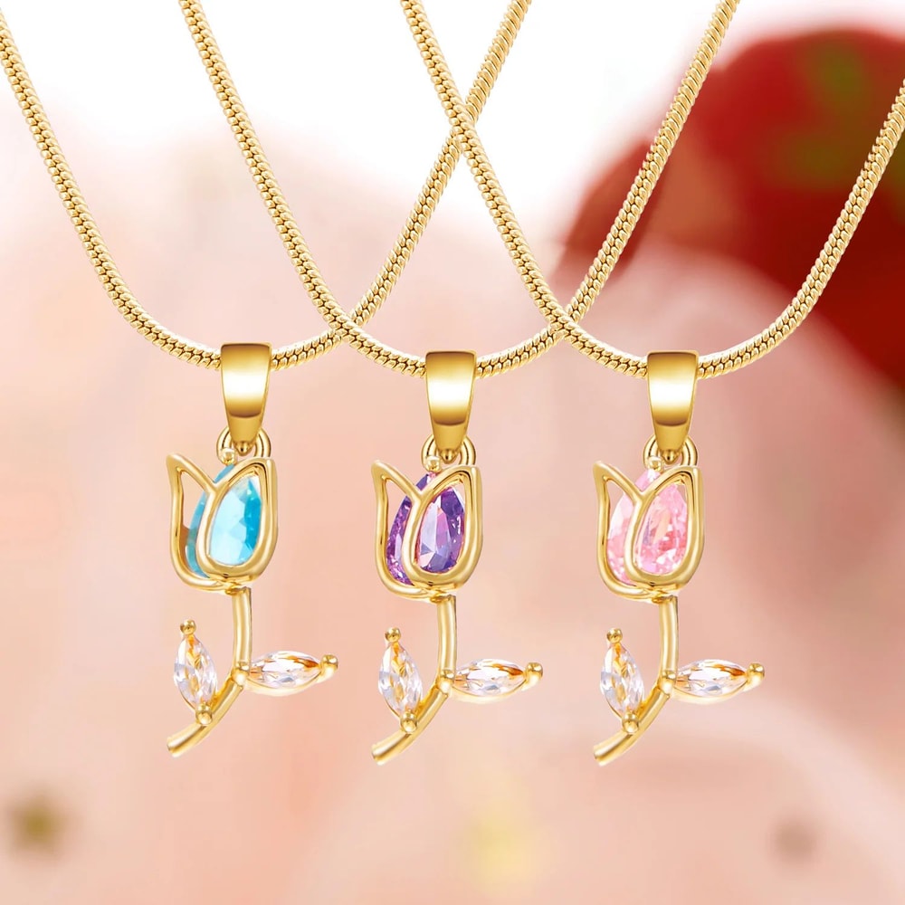 Zircon Tulip Flower Pendant Necklace For Women 0