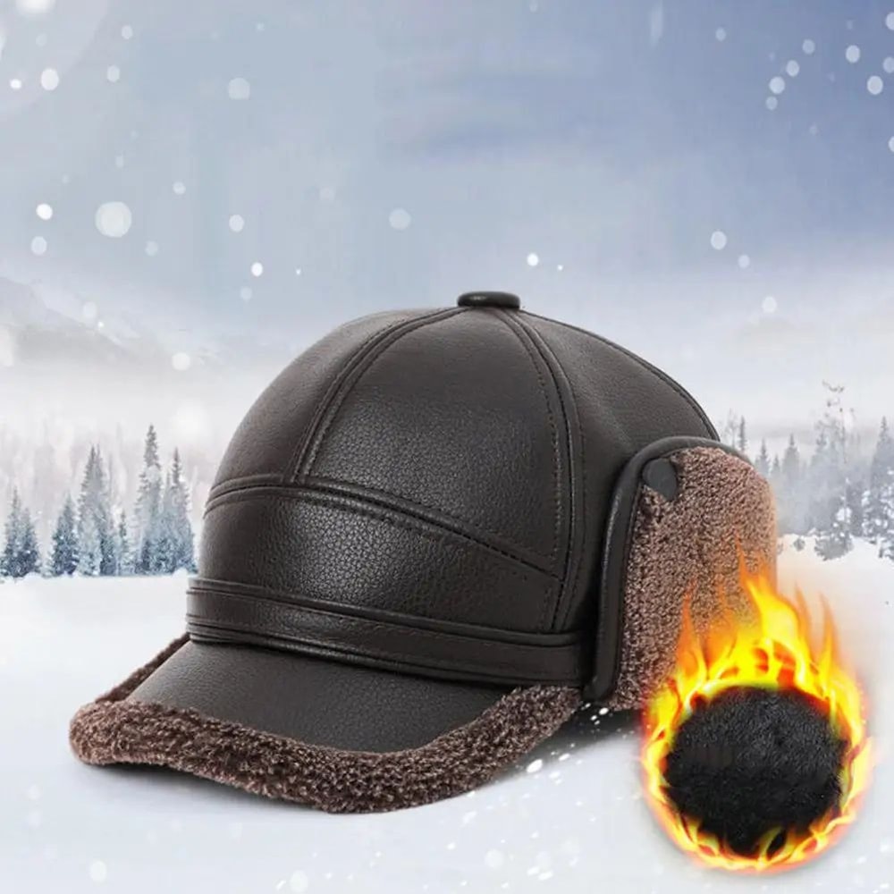 Winter PU Leather Bomber Baseball Cap With Earflaps For Men 0