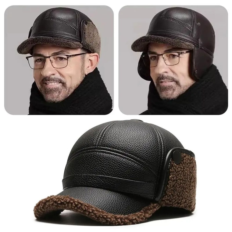 Winter PU Leather Bomber Baseball Cap With Earflaps For Men 2
