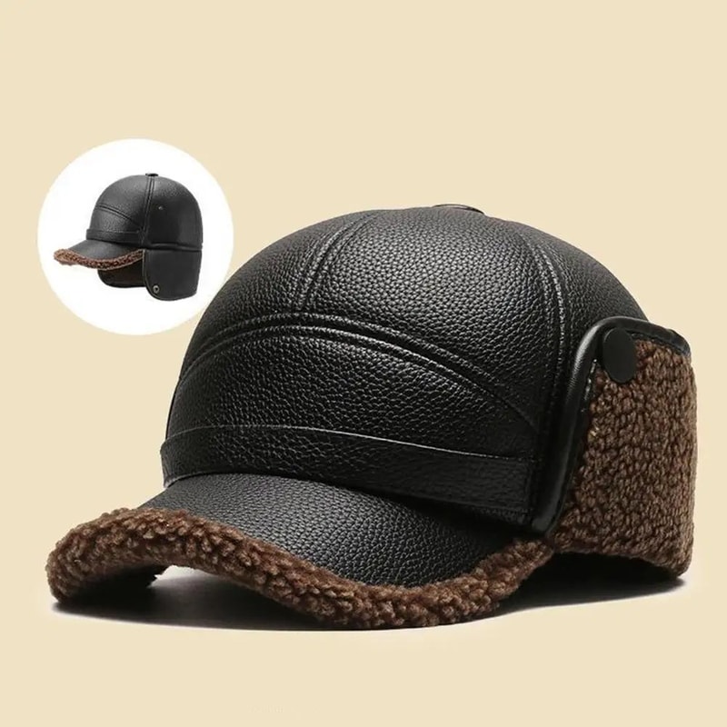 Winter PU Leather Bomber Baseball Cap With Earflaps For Men 3