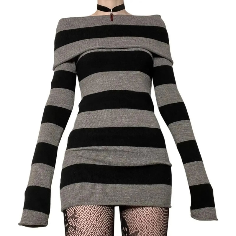 Womens Striped BoatNeck Bodycon Mini Dress 2