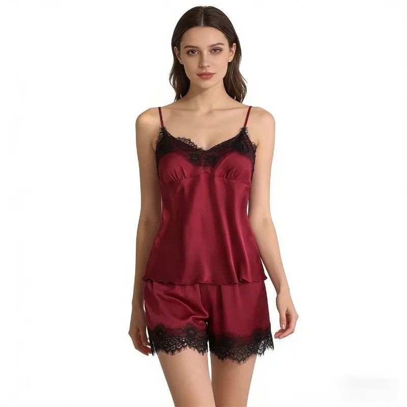 Womens VNeck Lace Pajama Shorts Sleepwear Set 2