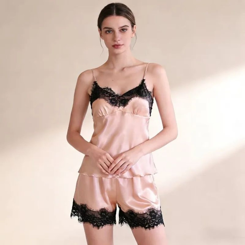 Womens VNeck Lace Pajama Shorts Sleepwear Set 8