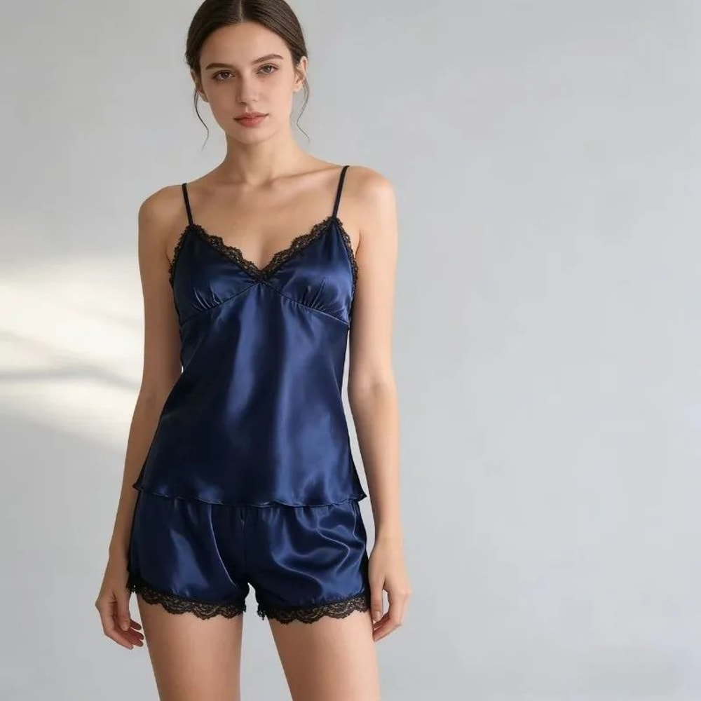 Womens VNeck Lace Pajama Shorts Sleepwear Set 10