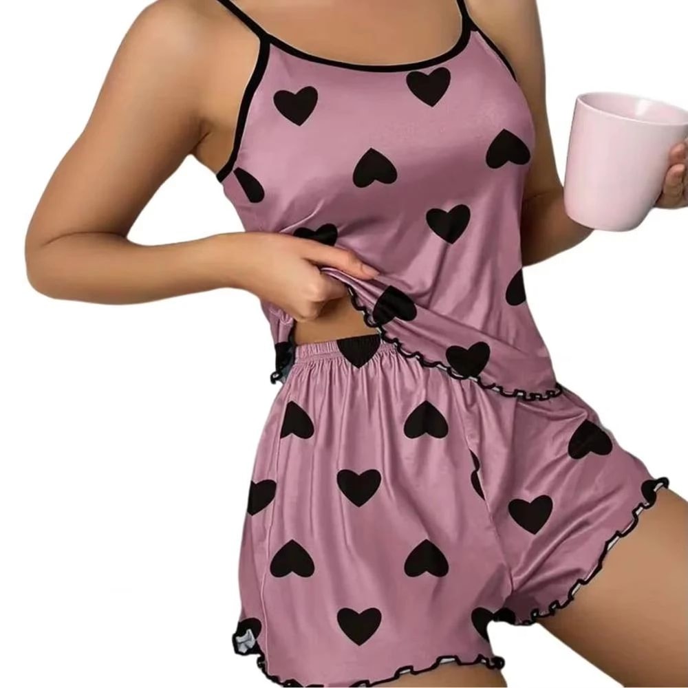Womens Pink Heart Ice Silk Pajama Set 4
