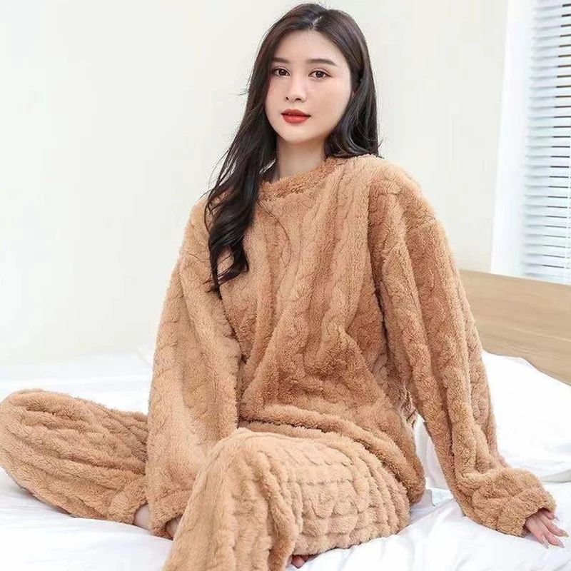 Women Autumn Warm Ribbed Fleece 2 Piece Pullover And Pants Set 8