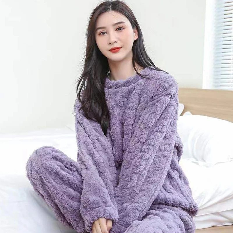 Women Autumn Warm Ribbed Fleece 2 Piece Pullover And Pants Set 10
