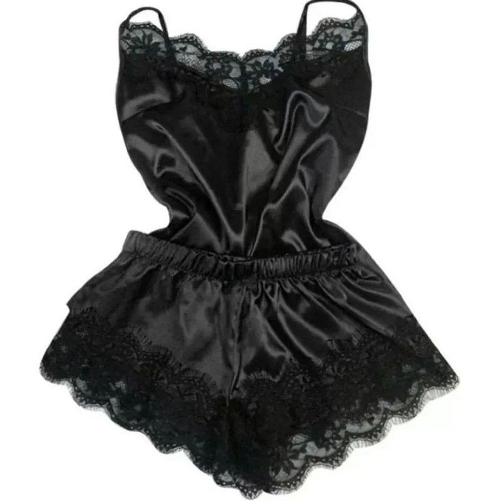 Women Satin Lace Sleepwear Set With VNeck Cami Top And Shorts 2