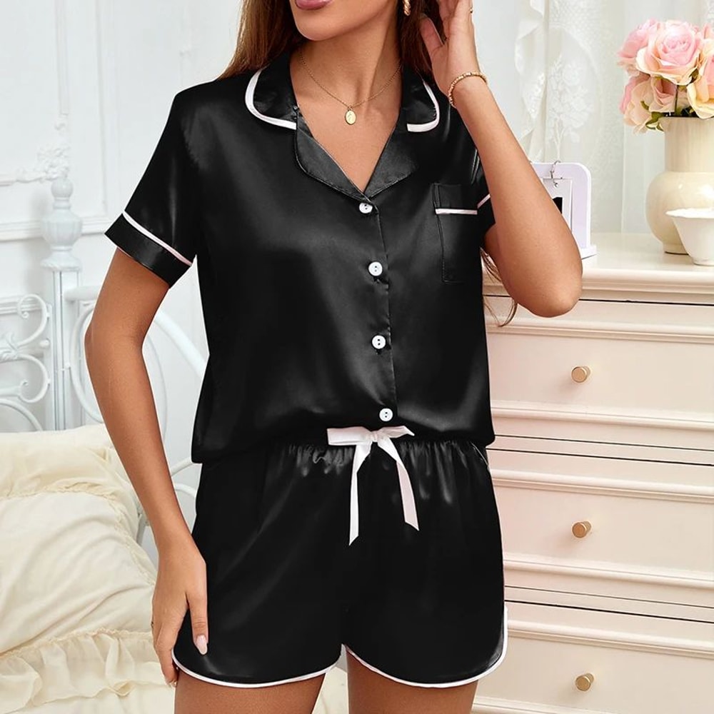 Women Summer Silk Satin Pajama Set With Button Down Top And Shorts 11